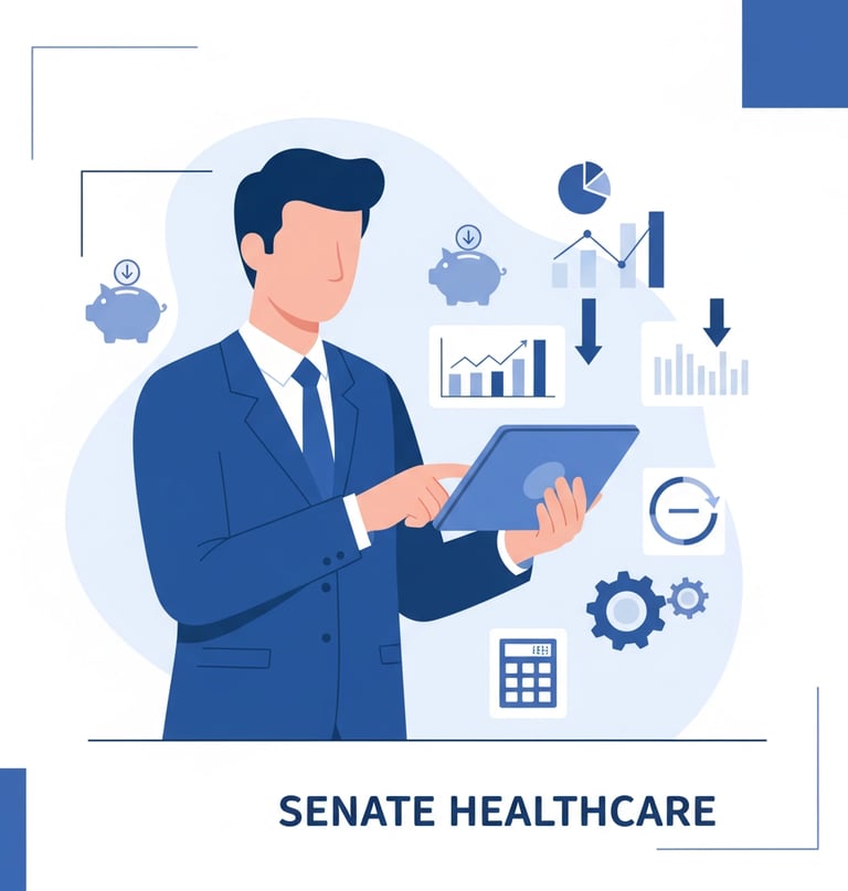Healthcare professionals reviewing financial documents and partnership agreements in modern office