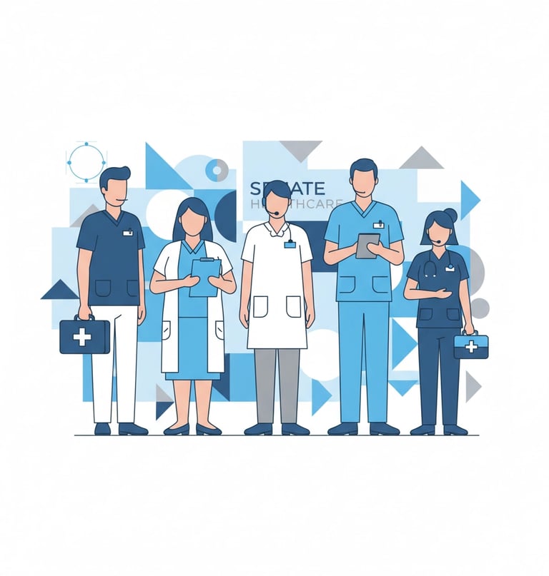 Diverse group of home healthcare workers in professional uniforms discussing patient care plans