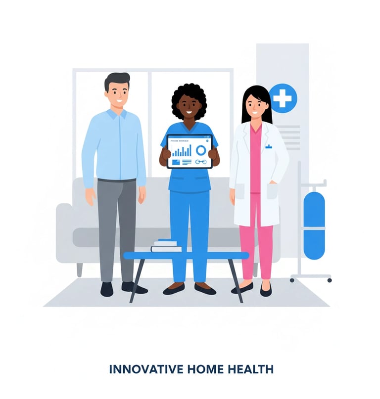 Healthcare professionals reviewing documents and charts in a modern home healthcare setting