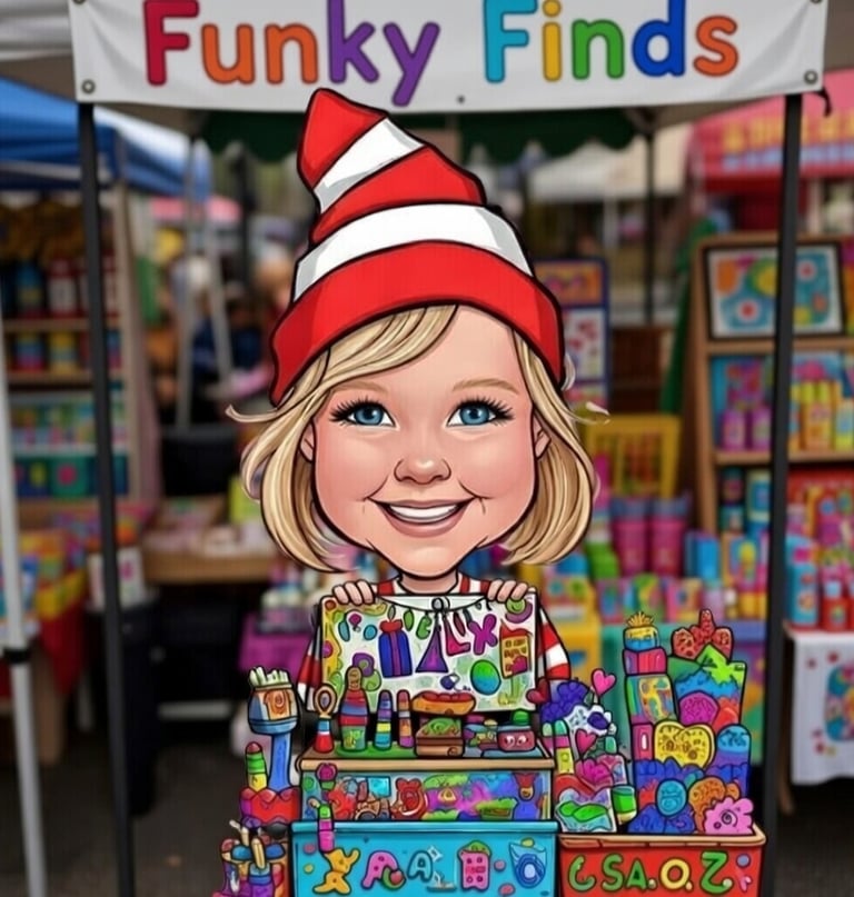 a cartoon character with a wheres wall hat under a banner with a market stall