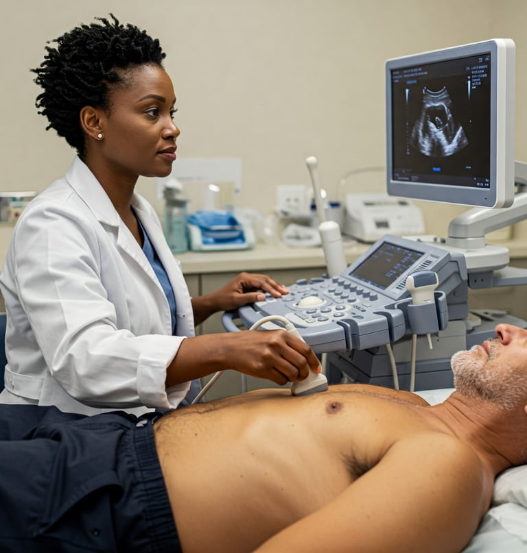 Mulher realizando ultrassom de abdome em um homem como investigação de um tumor no fígado