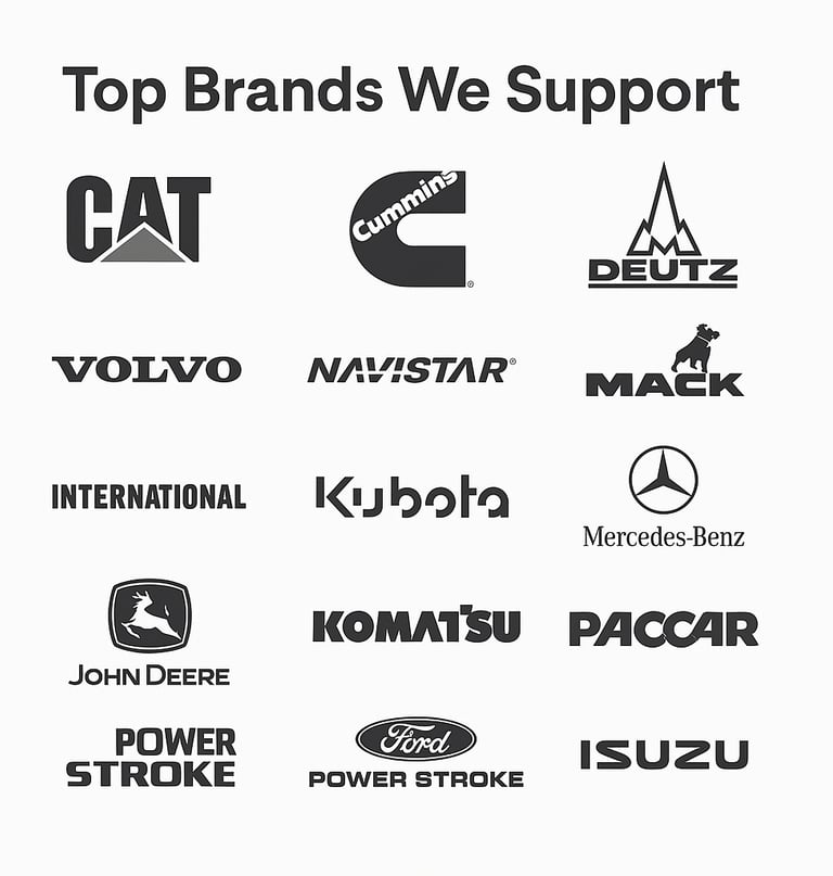 a group of logos and logos on a white background, Cummis, Cat, Deutz, Volvo, Mack and more