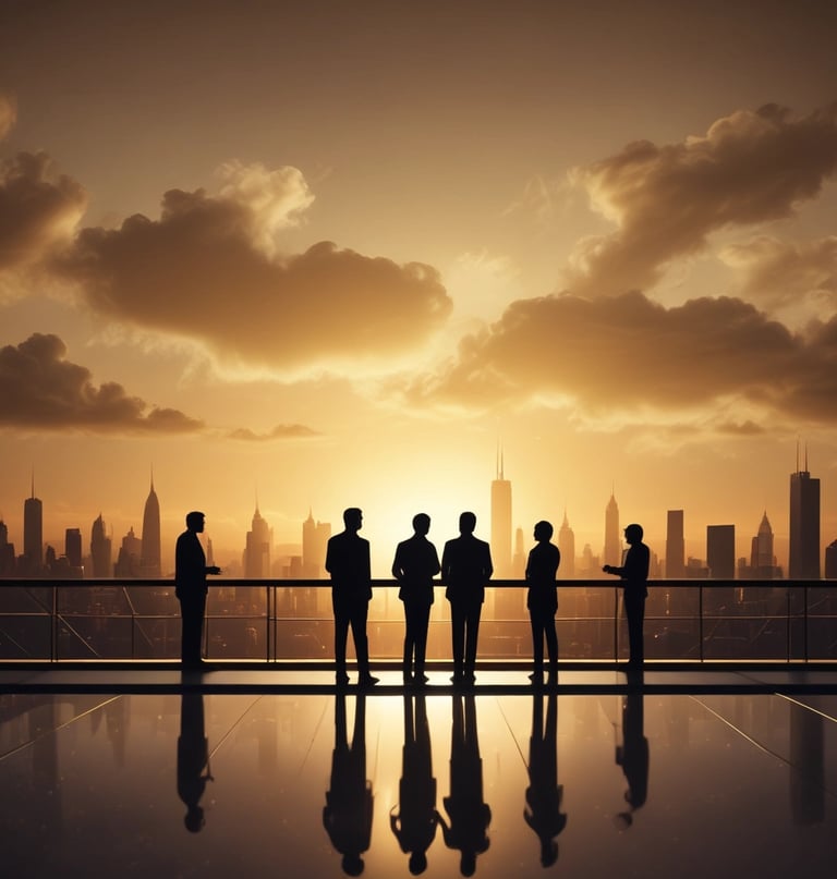 A confident man and woman standing together, smiling with a city skyline behind them at sunset.