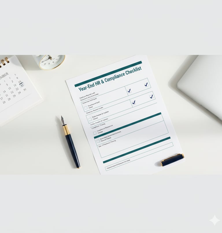 Year-end HR and compliance checklist workspace with calendar and organized documents for growing businesses
