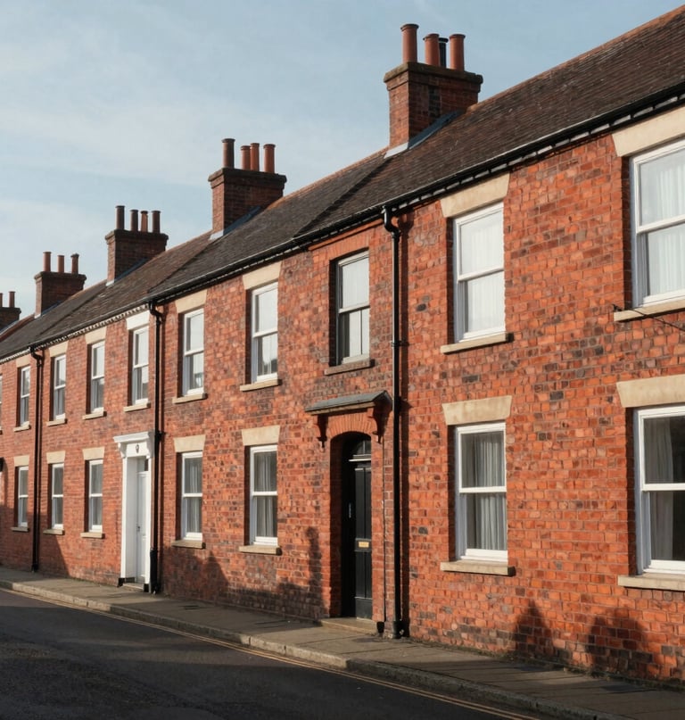 A wide-angle, natural daylight shot of traditional red-brick terrace houses along a quiet street in Widnes, soft North West afternoon light casting gentle shadows across the brickwork.