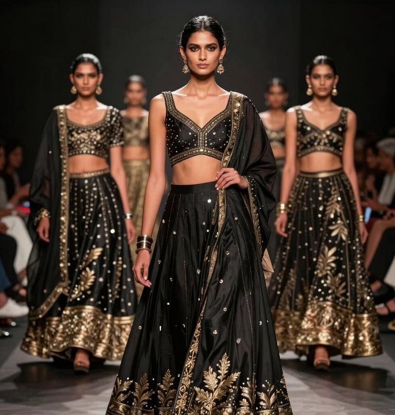 A sleek runway shot bathed in gold light, with models showcasing elegant black and white couture.