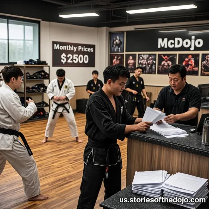 Ultra-realistic image of a martial arts dojo interior showing commercialized practices. A person beh