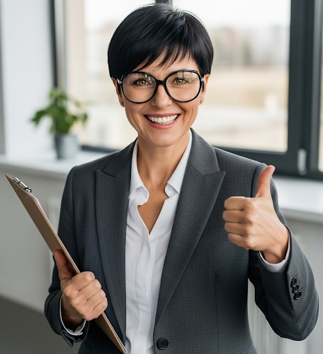 a female translator in a suit and glasses giving thumbs up