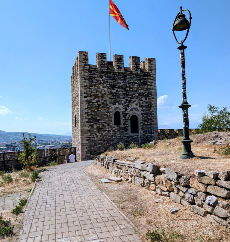 tower with a North Macedonian fleg at Skopje Fortress in Skopje North Macedonia 