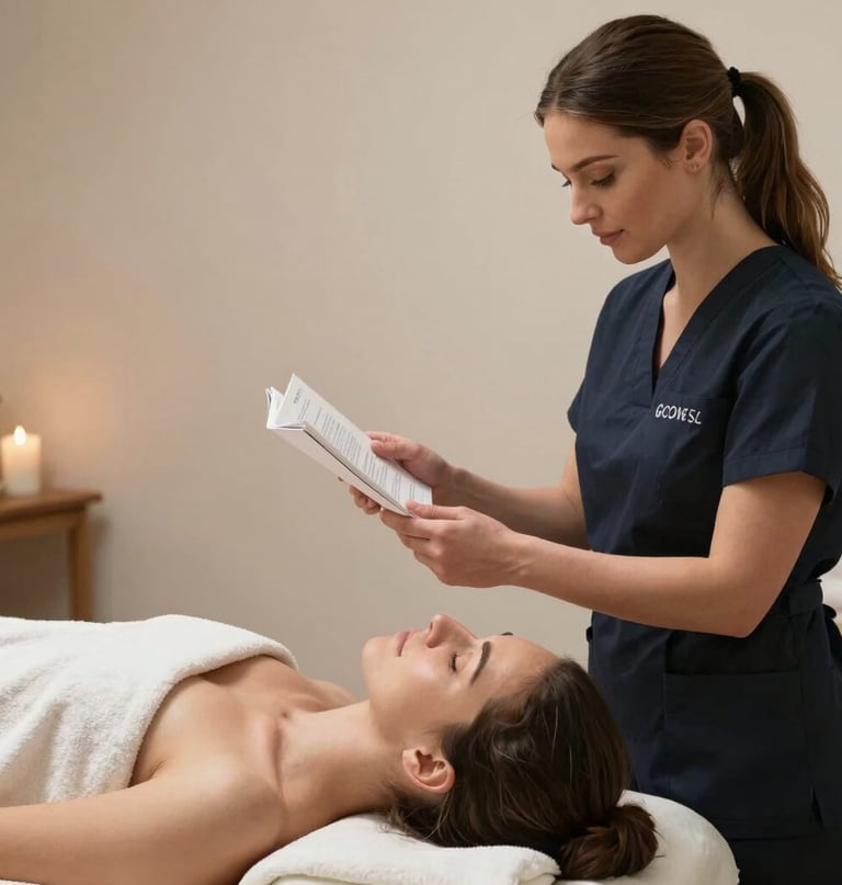 Spa therapist in navy scrubs reading a brochure for a client lying on a massage table.