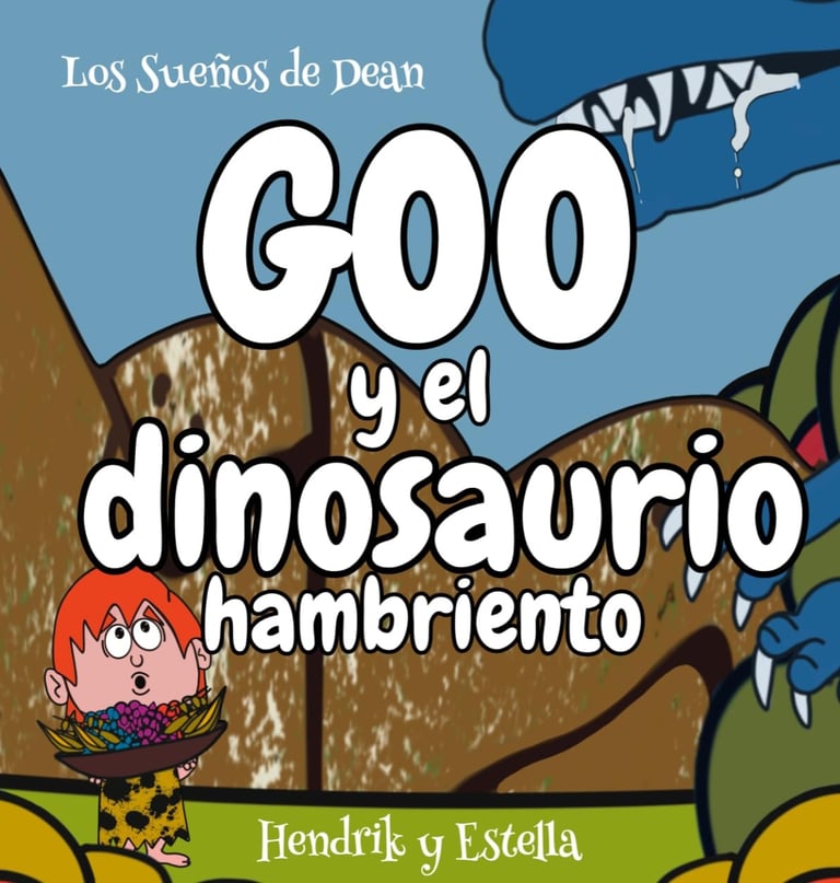 Goo y el dinosaurio hambriento portada del libro con niño y dinosaurio