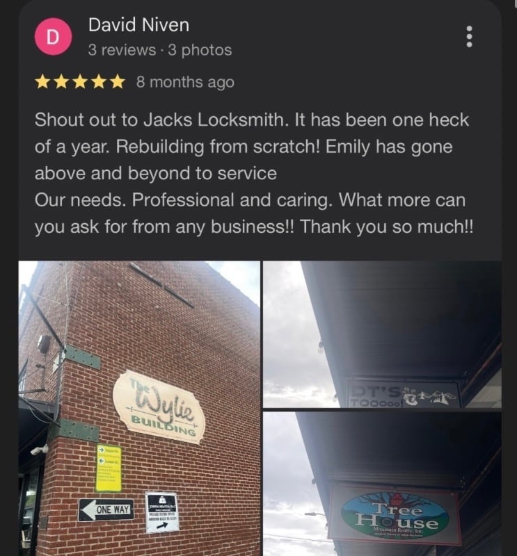 5 star Google review for commercial office lock installation at Tree House Mountain Realty by Jack's Locksmith