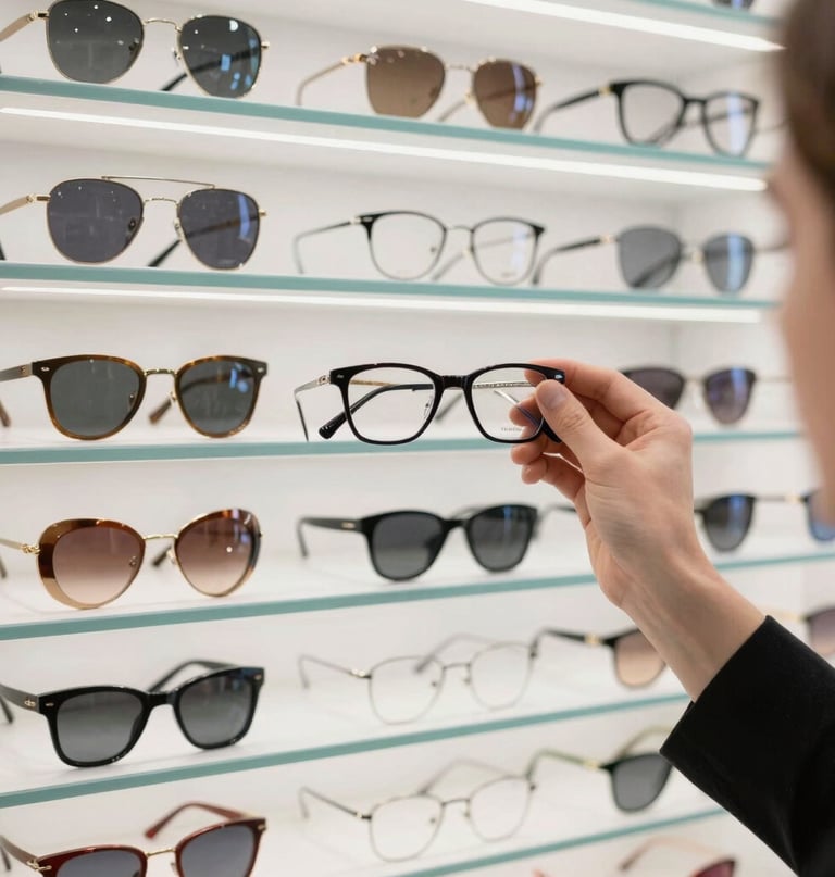 A stylish display of optical and sunglasses on a wooden table with natural light.