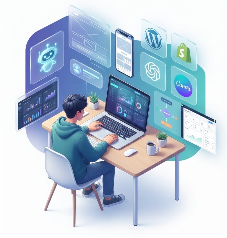 Digital marketer at a desk using a laptop with AI tools, WordPress, and Shopify icons for data analysis.