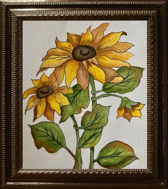 acrylic yellow sunflower green leaves