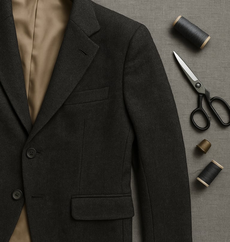 Flat lay of a tailored wool blazer with tan lining.
