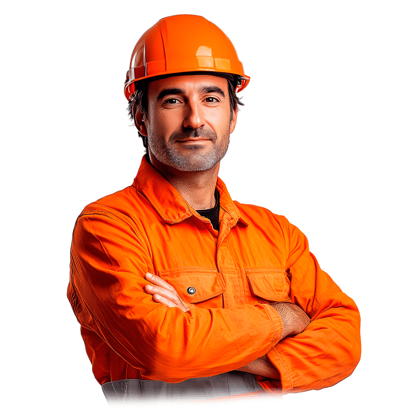 Trabajador profesional de la construcción usando casco naranja y overol de seguridad