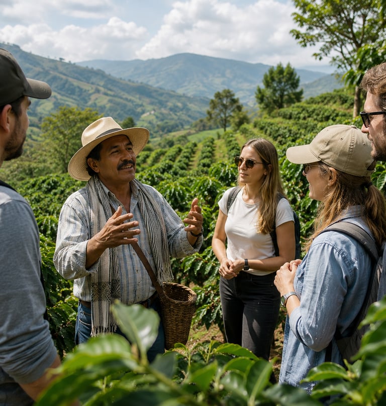 campesino colombiano en un cultivo de cafe que habla a 4 turistas extranjeros