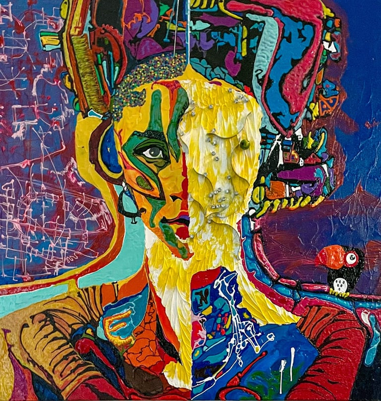 Abstract mixed media portrait featuring a vibrant face with heavy impasto texture and a small toucan.