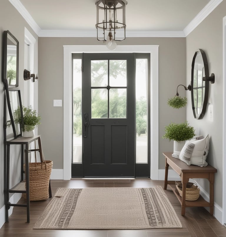 Modern farmhouse entryway with black front door, wooden console table, round mirror and neutral rug.