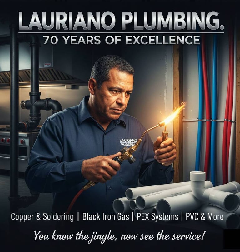 Professional plumber at Lauriano Plumbing soldering copper pipes near black iron and PVC systems.