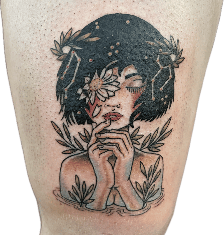 Tattoo Firl with Flowers and Plants in water