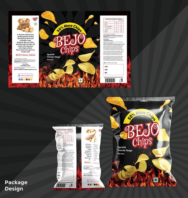 Colorful snack pouch packaging with illustrated chips graphics