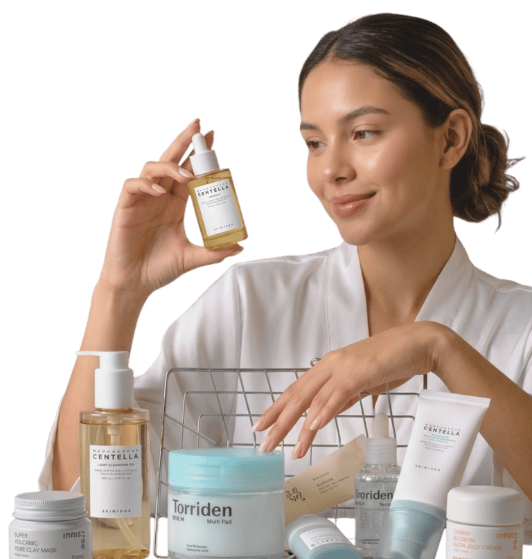 Woman holding a Korean skincare face serum bottle next to a basket of K-beauty products.