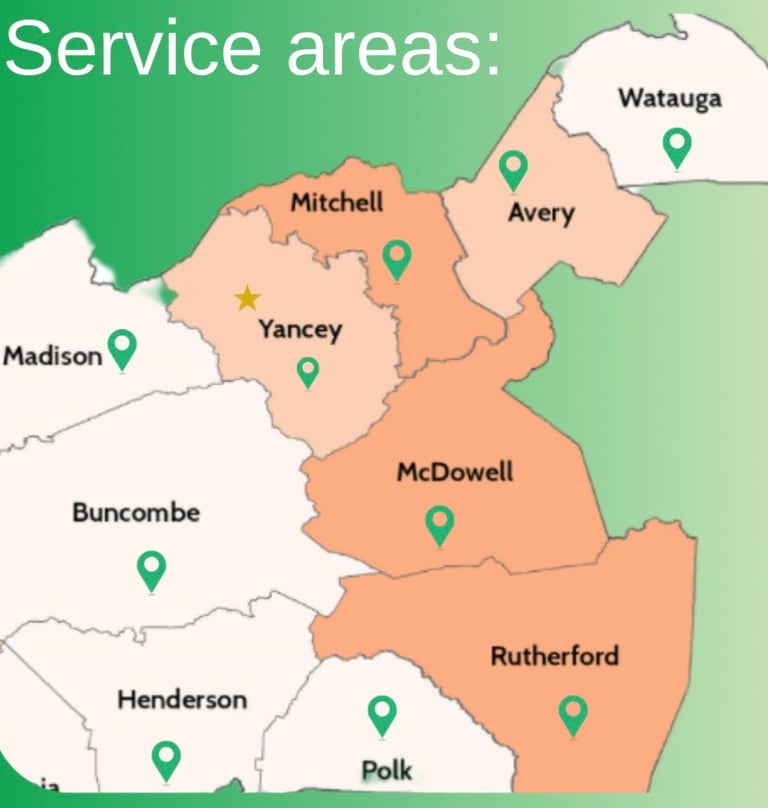 A map of WNC for Jack’s Locksmith native and local services in Buncombe, Henderson, Polk, Mitchell, Yancey, Avery county