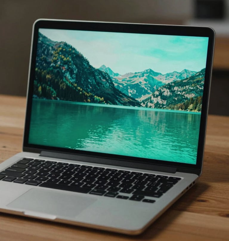 A lifestyle shot of a high-end laptop on a wooden desk showing the finished video. The screen displays a vibrant, professionally color-graded landscape in seafoam green.