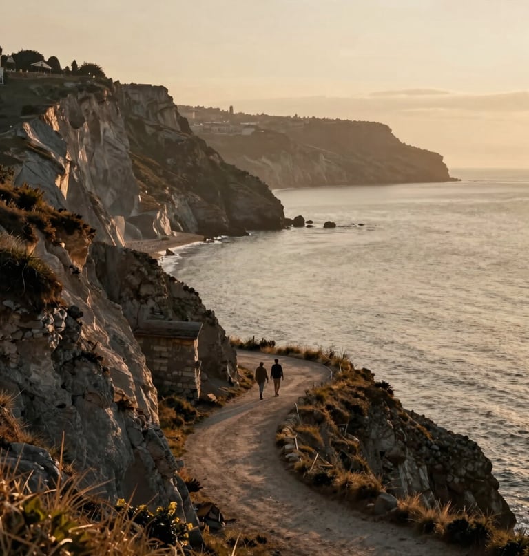 A large, cinematic landscape of a Southern European / Italian coastline during the golden hour. A couple is seen from a distance walking along a cliffside path. The atmosphere is hazy, warm, and deeply romantic, featuring sand and anthracite tones.