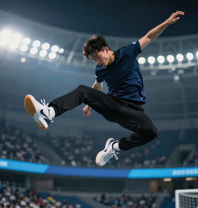 Action shot of the athlete making a juke move, athletic precision captured in mid-air. Background features stadium lights in the #1C2B3A and #3A5A7A range.