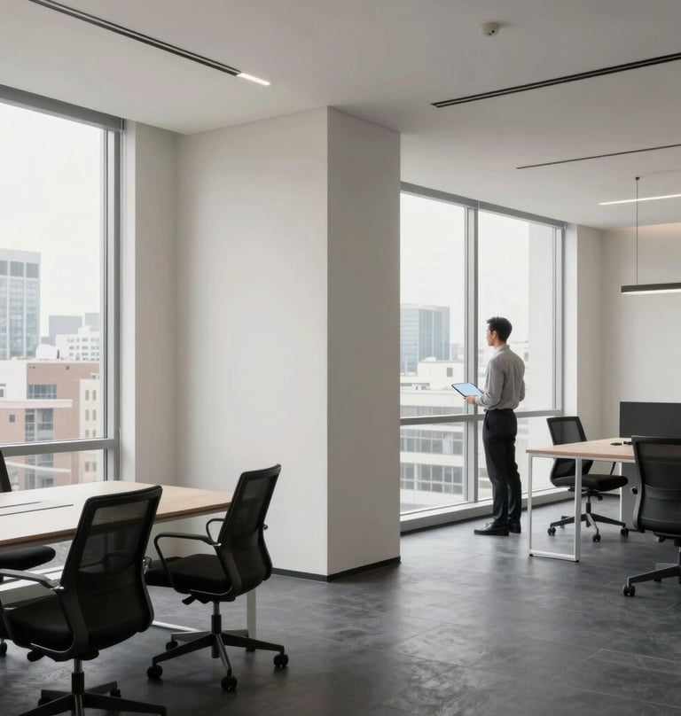 A clean and airy modern office interior. Large windows show a cityscape. The interior uses a palette of pale off-white and dark slate gray. A global digital professional is standing near a window.