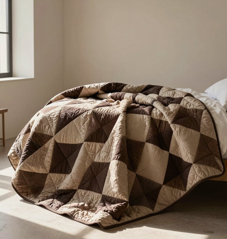 A professional interior photograph showing the Geometric Bloom quilt draped elegantly over the foot of a bed in a sunlit room. The room has neutral walls in a delicate cream and minimal furniture, allowing the warm taupe and deep espresso of the quilt to be the focal point.