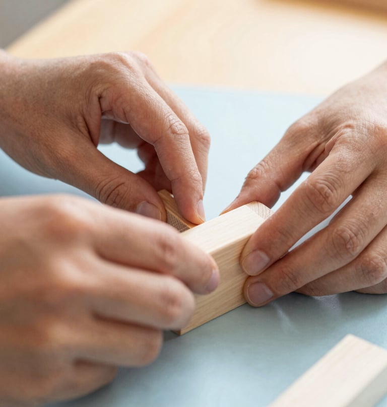 Close-up photograph of hands working on a creative school educational block project in British Columbia, bright warm background with pale blue tones.