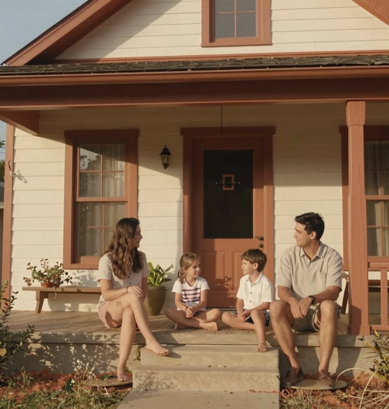 A heartwarming wide shot of a family sitting on the front porch of a classic North American / US craftsman-style home. The composition is narrative-driven, showing them in a relaxed, sun-drenched afternoon. Terracotta and soft sand hues throughout.