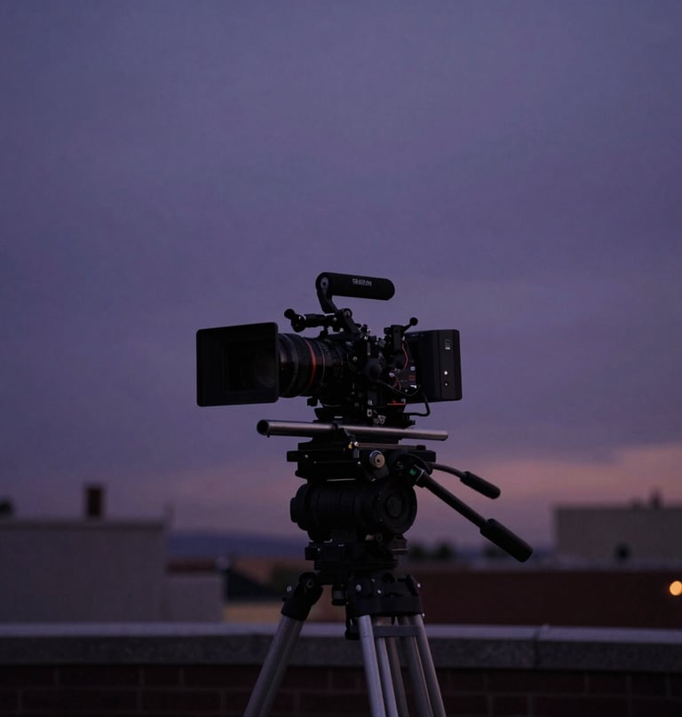 A professional film production setup on a North American rooftop at twilight, featuring a camera rig silhouetted against a deep purple and dark grey sky.
