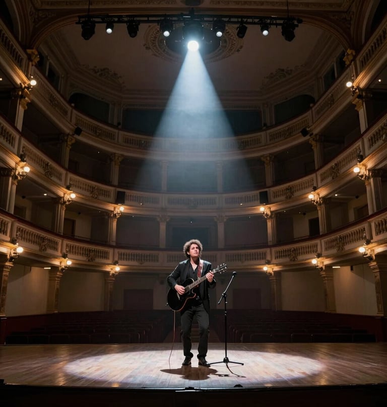 A wide-angle shot of a musician performing on a dimly lit stage in a beautiful Latin American / Spanish theater. The atmosphere is intimate and captivating, with a single spotlight in a cool grey blue hue.