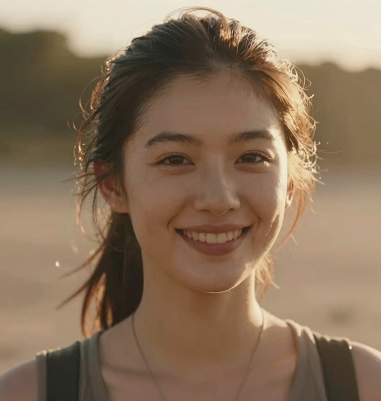 A cinematic portrait of Sarah smiling softly, her hair backlit by the golden afternoon sun. The image uses warm brown and soft sand tones to create a friendly, approachable mood.