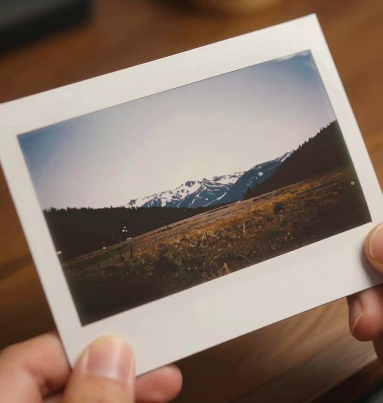 A close-up shot of a high-quality, matte-finish photographic print being held by hands, showing a minimalist North American / Canadian landscape, soft off-white borders, warm indoor lighting.