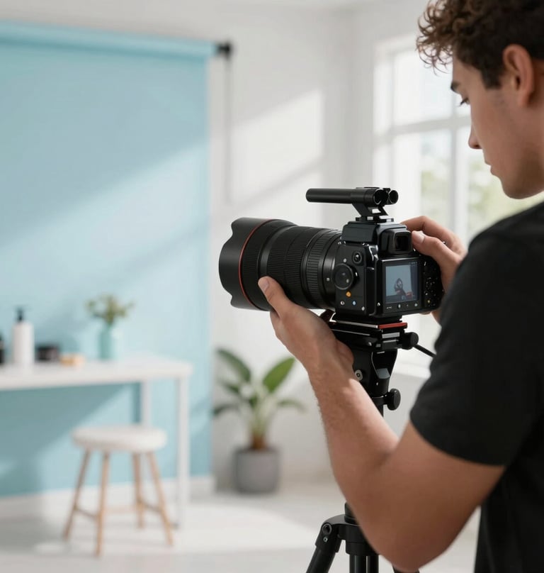 A social content creator photographing products in a modern studio environment in Florida with daylight and light blue styling accents.