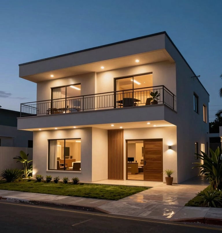 Wide cinematic shot of a modern South American / Brazilian residence at dusk, well-lit by integrated security lighting, conveying a sense of absolute protection.