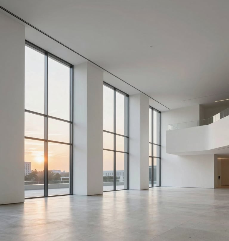An architectural photograph of the clean, minimalist interior of a modern museum in an International / Western city. Large windows show a sky of Warm Sunset Ochre. The space is vast and white, with elegant lines and plenty of light.