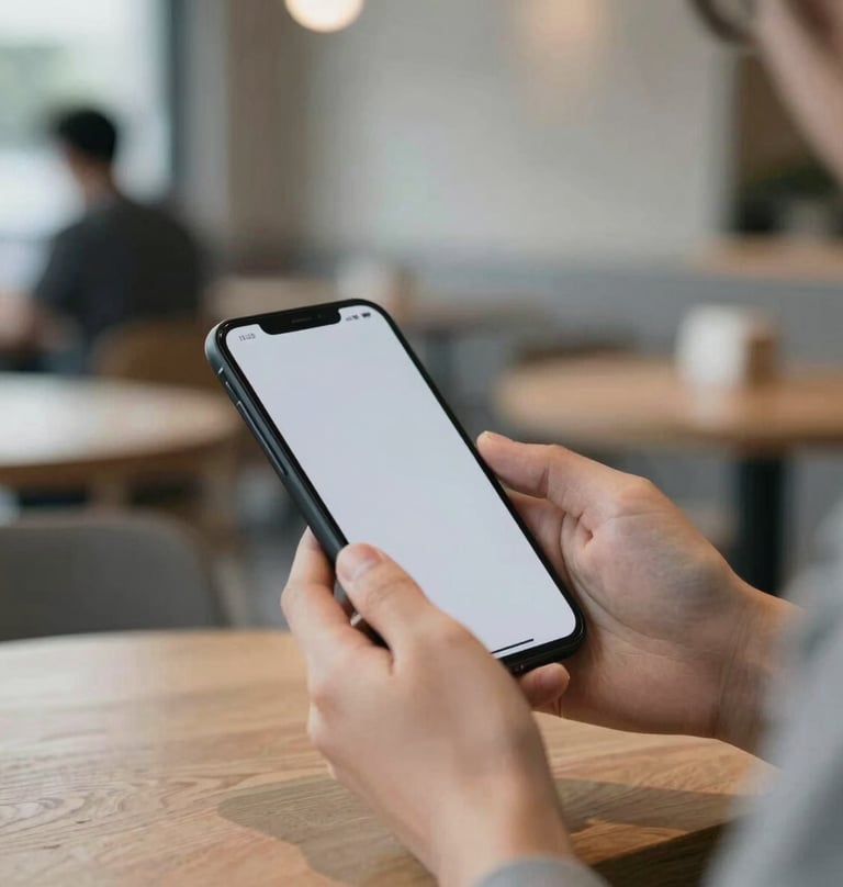 Spontaneous lifestyle photography showing a person using a mobile device in a minimalist cafe. High-end aesthetic, cinematic depth of field, colors #F8F6F2 and #9A9E96 dominate the frame.
