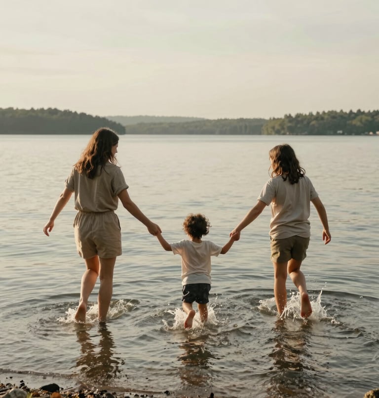 A warm, artistic shot of a family playing at a North American / US lakeside. The children are running in the shallow water. The light is soft and heartfelt, emphasizing the inviting nature of the family bond. Neutral Stone and Sage Green tones.