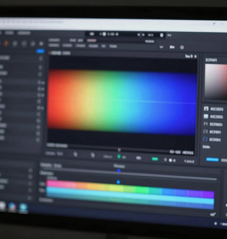 An artistic shot of a screen showing a color grading interface, beautiful spectrum of #2C3E50 and #ECF0F1, representing high-end post-production.