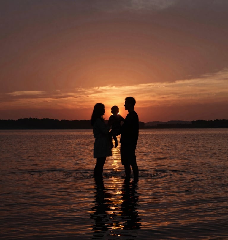 A cinematic landscape shot featuring a family silhouette against a deep terracotta sunset over a lake. The reflection on the water is shimmering with charcoal and gold highlights. The composition is expansive and storytelling-focused.