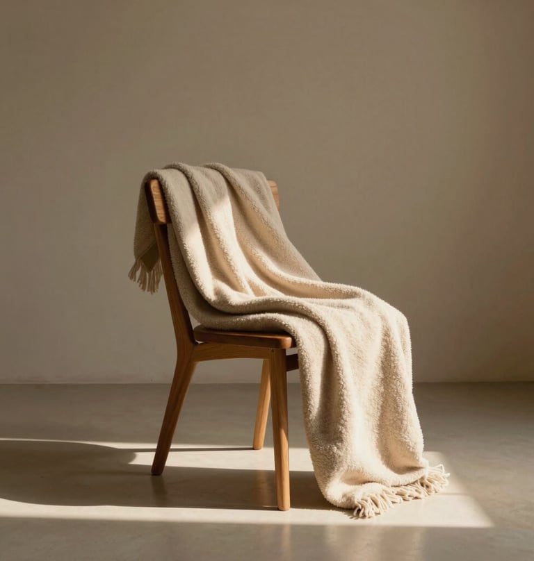 A minimalist composition showing a simple wooden chair and a soft beige blanket in a sunlit South American / Brazilian studio corner, ready for a maternity session. The lighting is warm and welcoming.