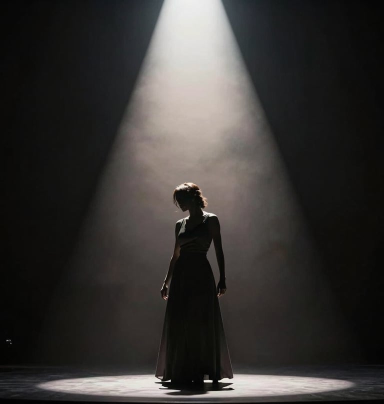 A blurred, artistic silhouette of a performer on a stage under a single soft off-white spotlight. The background is a velvety dark charcoal, capturing a moment of pure musical artistry.