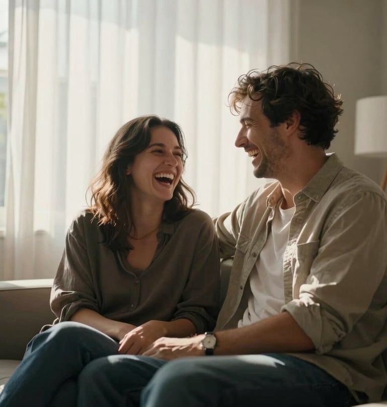 A couple laughing together in a brightly lit, modern living room. Natural sun rays streaming through soft off-white curtains. Cinematic composition focusing on genuine joy and warmth.